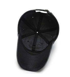 Blank black washed cotton baseball cap interior view, soft moisture-wicking sweat band, six-panel inner stitching adjustable rear strap