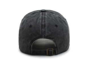 Dark grey vintage washed cotton baseball cap full rear shot, adjustable bronze buckle strap, faded distressed cotton fabric minimalist white background