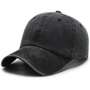 Classic dark gray washed cotton baseball cap, retro faded washed fabric, curved UV shield brim unisex blank casual headwear
