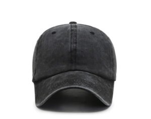 Solid dark grey washed cotton baseball cap front full shot, multi stitched curved brim, vintage water-wash matte fabric white plain background