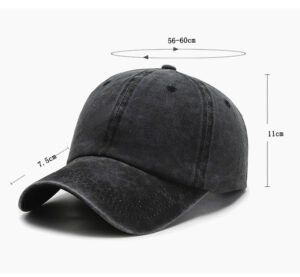 Dark grey vintage washed cotton baseball cap size diagram, brim 7.5cm, crown height 11cm, adjustable head circumference 56-60cm product spec image