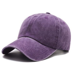 Vintage purple washed cotton baseball cap, water-wash faded texture, pre-curved brim unisex casual blank cap minimalist white backdrop