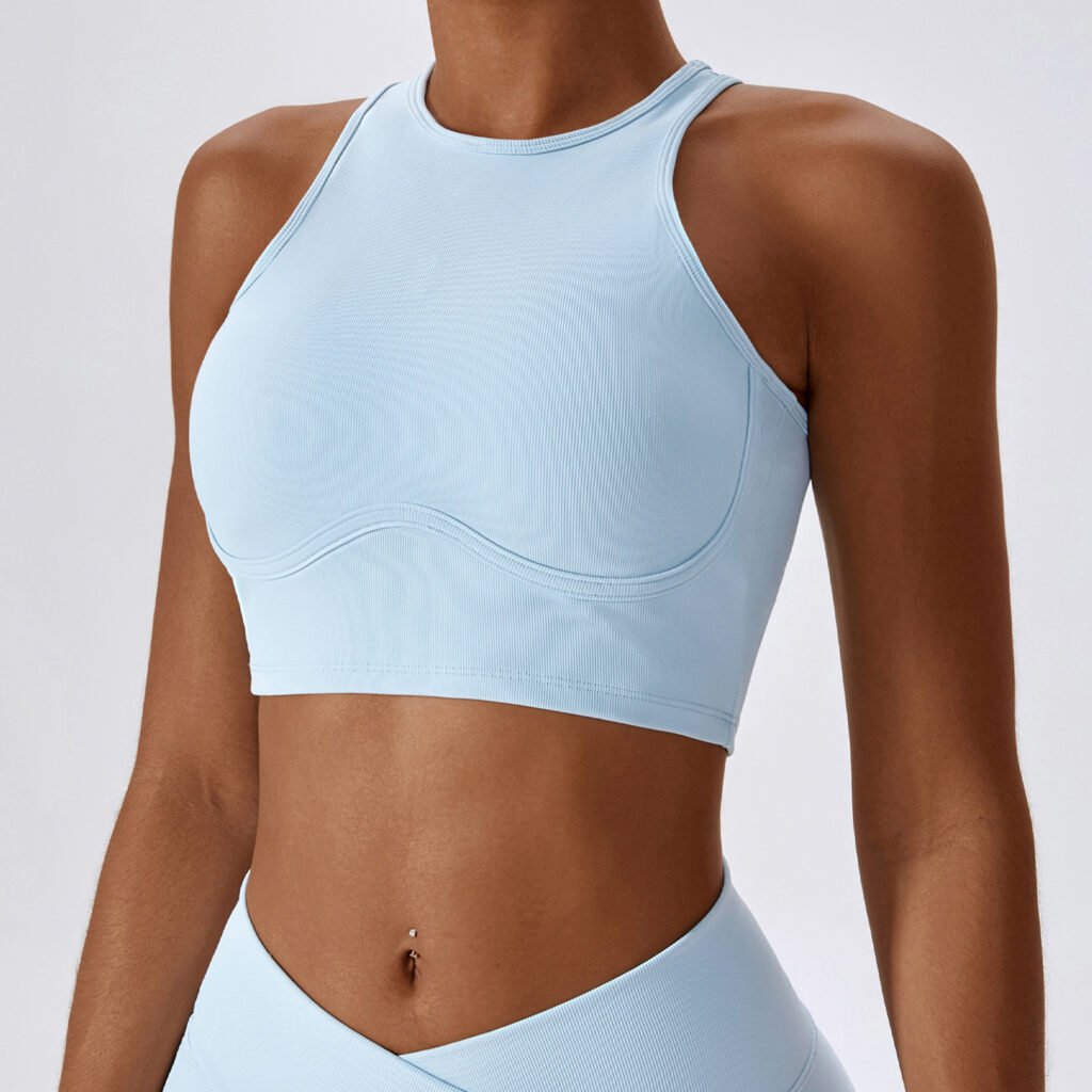  Pastel light blue ribbed workout yoga bra, high neck slim shoulder straps, soft stretch rib knit fabric