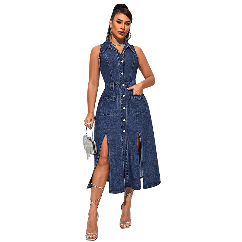 Xiuyuan Collar Sleeveless Button Front Split Midi Denim Dress with Waist Belt & Pocket