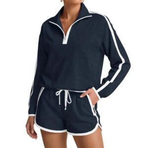 Dark navy striped short tracksuit set full front view, white edge piping half zip top, split hem casual shorts neutral gray background