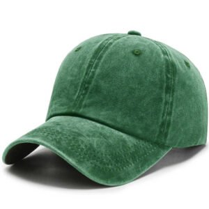 Muted green washed cotton baseball cap, vintage distressed finish, sweat absorb inner band outdoor travel sun protection hat