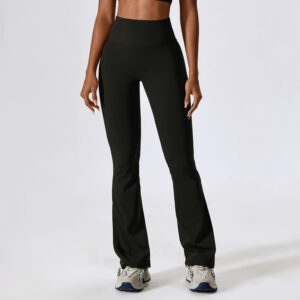Black flare yoga pants with a seamless high waistband and flared legs, a timeless choice for activewear.