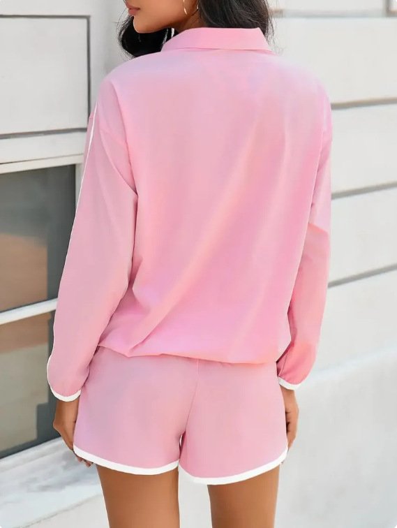  Blush pink striped short tracksuit set full rear shot, smooth plain back long sleeve top, white edge piping matching shorts outdoor window background