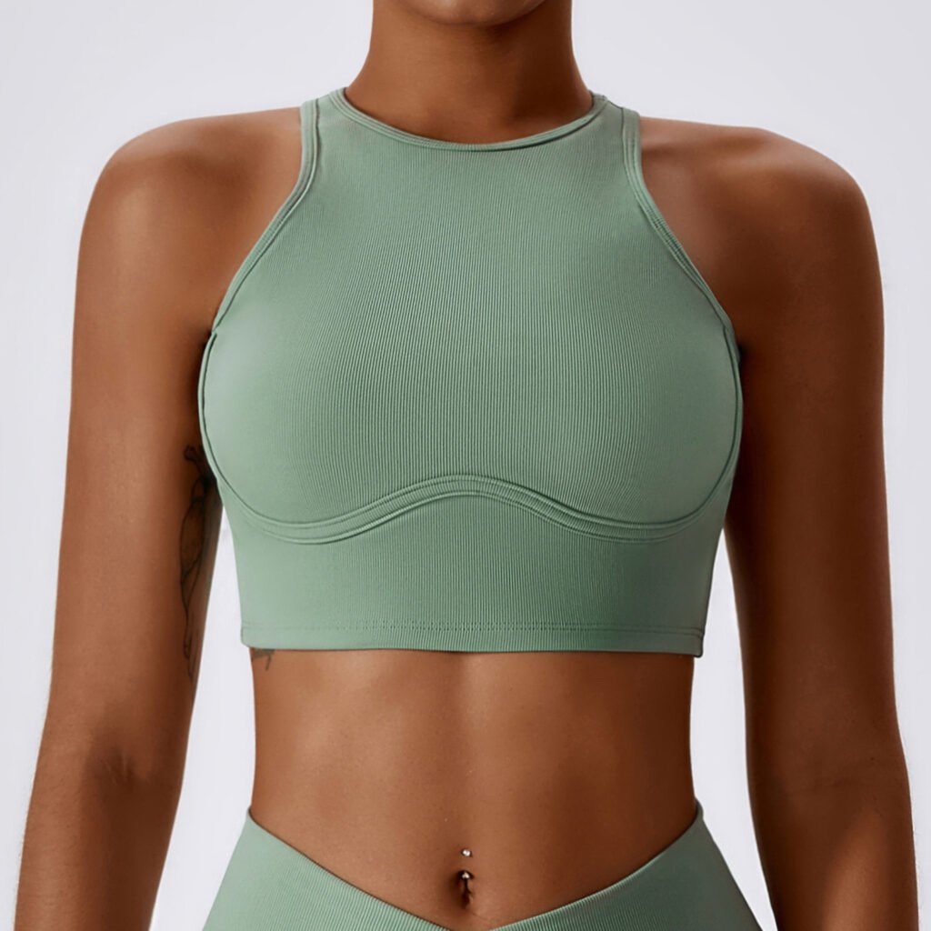 Muted sage green ribbed sports yoga bra, medium support for yoga pilates, minimalist athleisure crop top