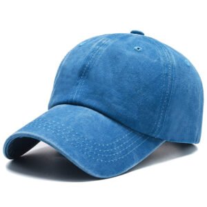 Pastel light blue faded washed cotton baseball cap, lightweight unstructured crown, curved brim suitable for hiking and daily walks white background