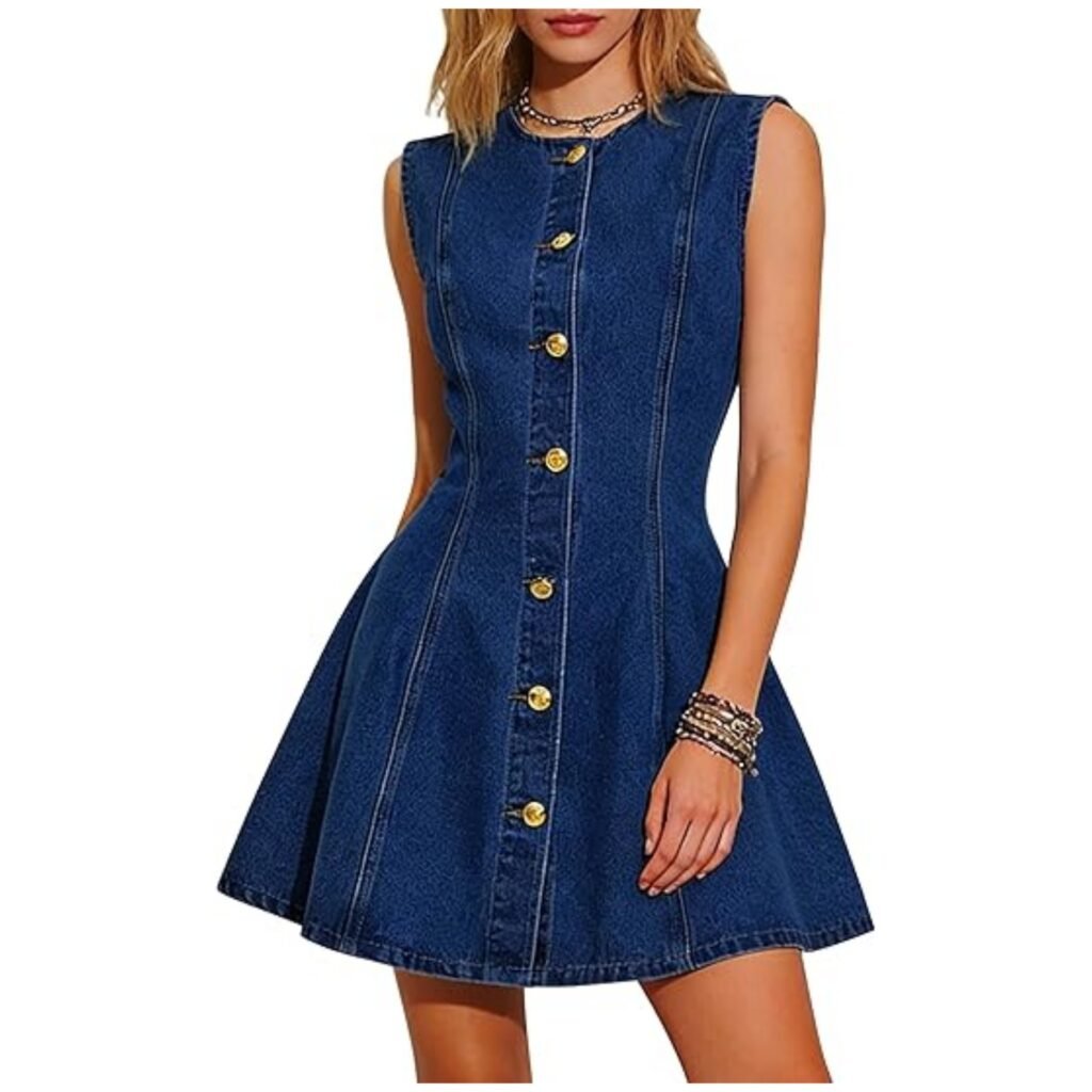 Dark wash sleeveless denim mini dress for women, round neck full gold button placket, contour seamed waist, A-line mini skirt studio front shot