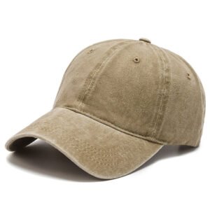Warm mustard yellow faded washed cotton baseball cap, soft low profile crown, pre-curved brim blank plain cap studio white background