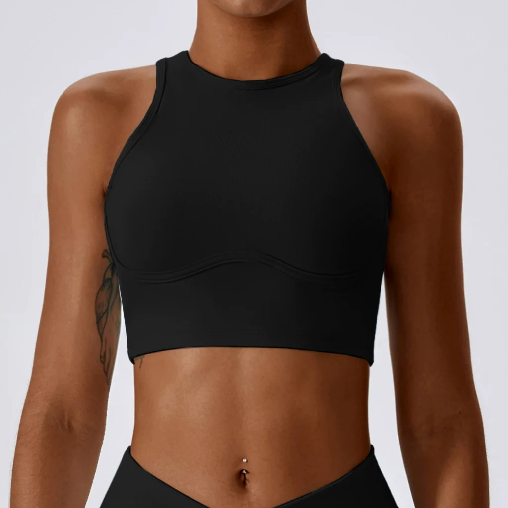 Classic black ribbed sports yoga bra for workout, high neck racer tank top, stretch ribbed athletic crop bra