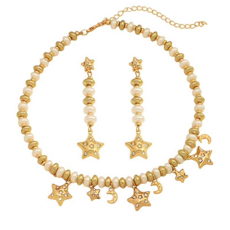Star Moon Pearl Bead Jewelry Set Full Celestial Two Piece Rhinestone Star Moon Charm Studio Shot