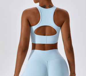 Light blue ribbed sports yoga bra back hollow oval cutout, racerback structure, match light blue ribbed leggings