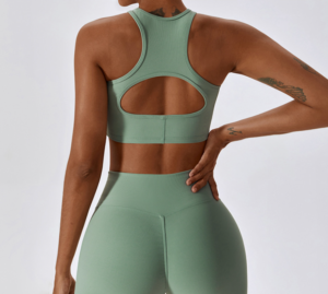 Sage Green Racerback Cutout Ribbed Sports Yoga Bra Back View
