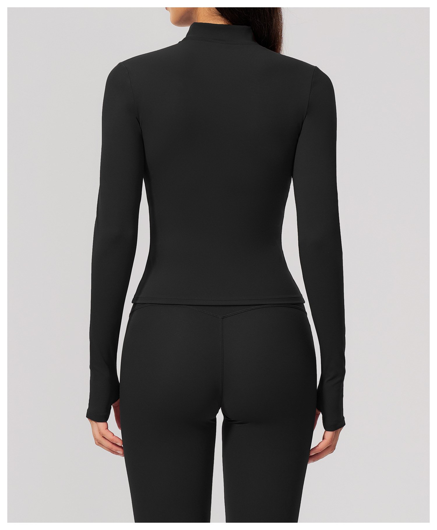 Back view women zip yoga jacket fitted brushed athletic outerwear