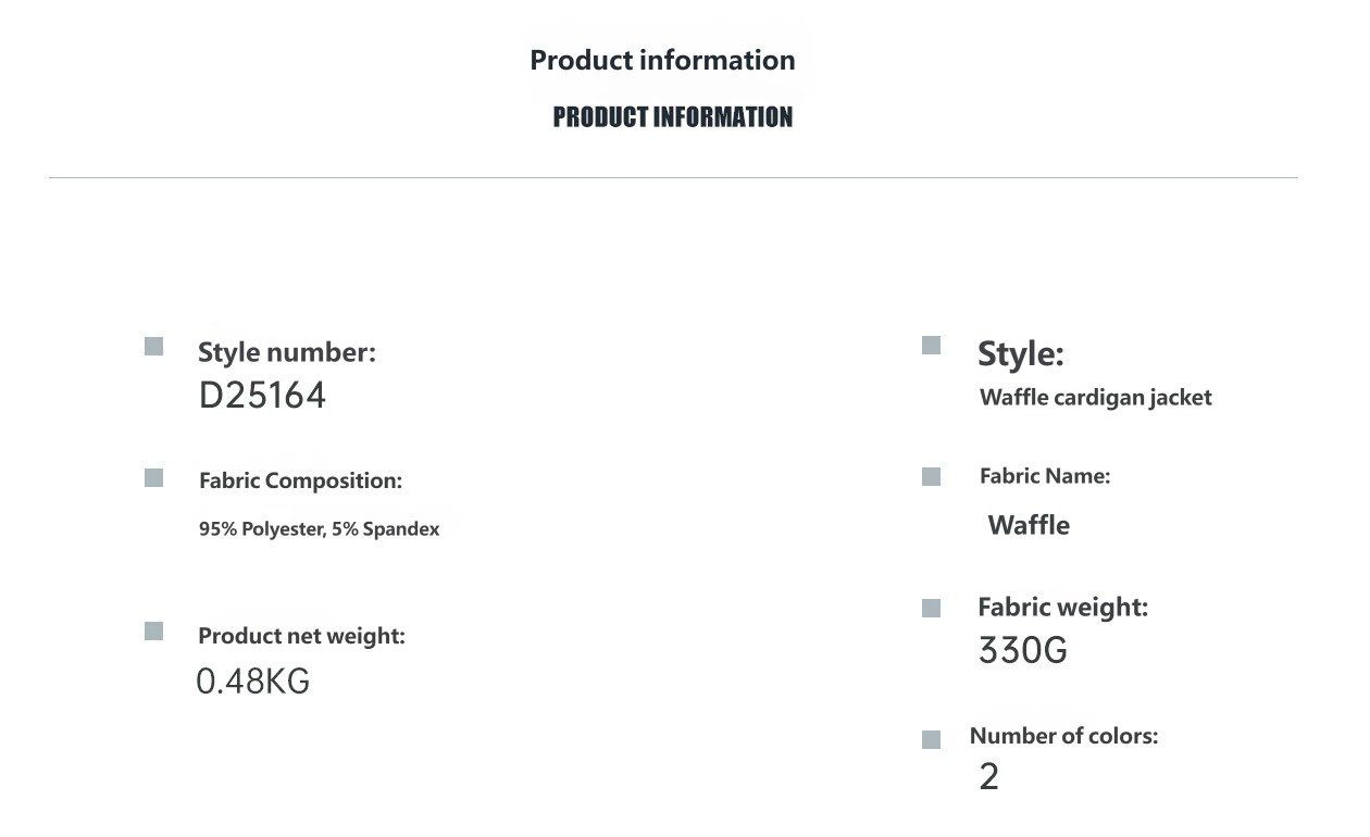 Zipper pioneer waffle zip jacket fabric weight specification info chart