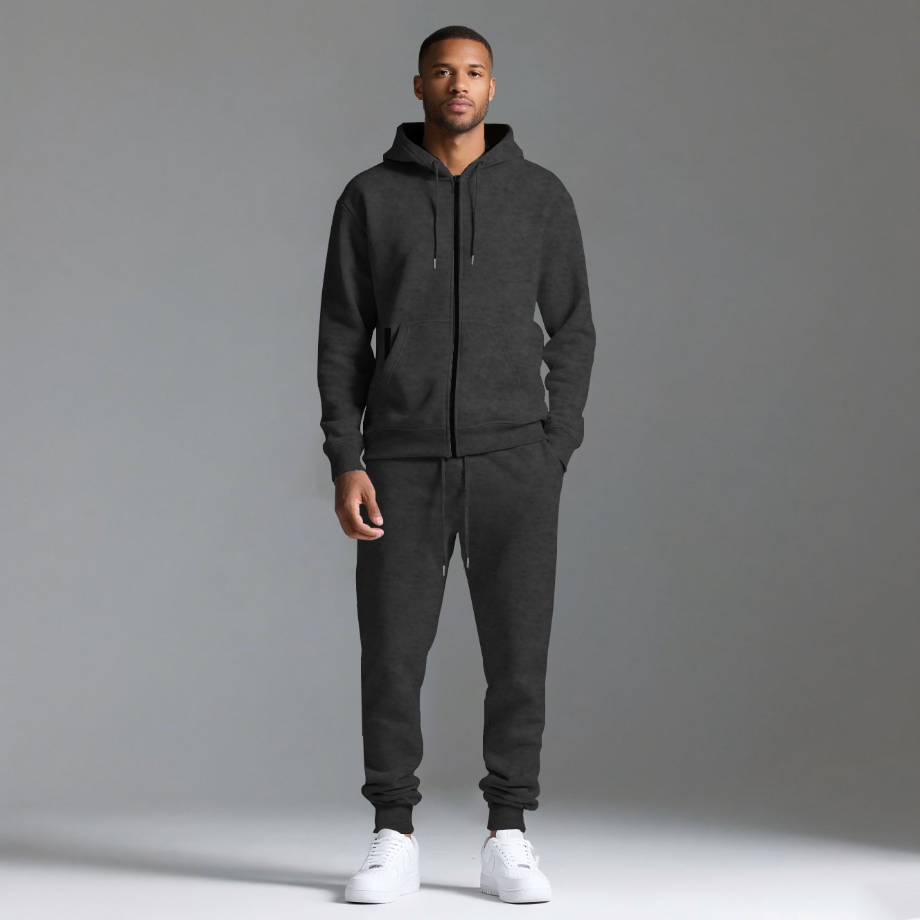 Zipper Hoodie Set dark gray men tracksuit back view full body model