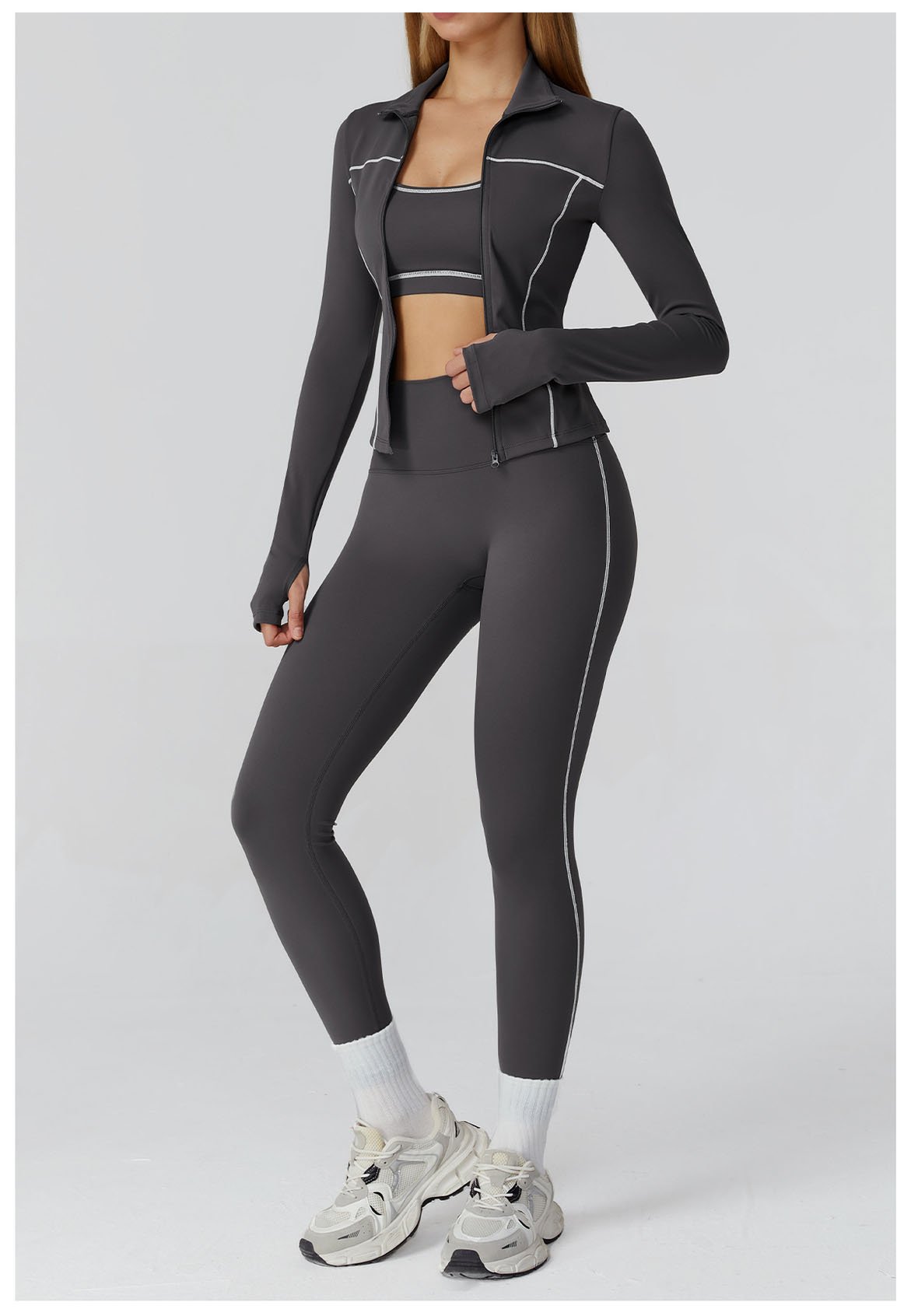 dark gray yoga three piece set athletic workout matching sportswear