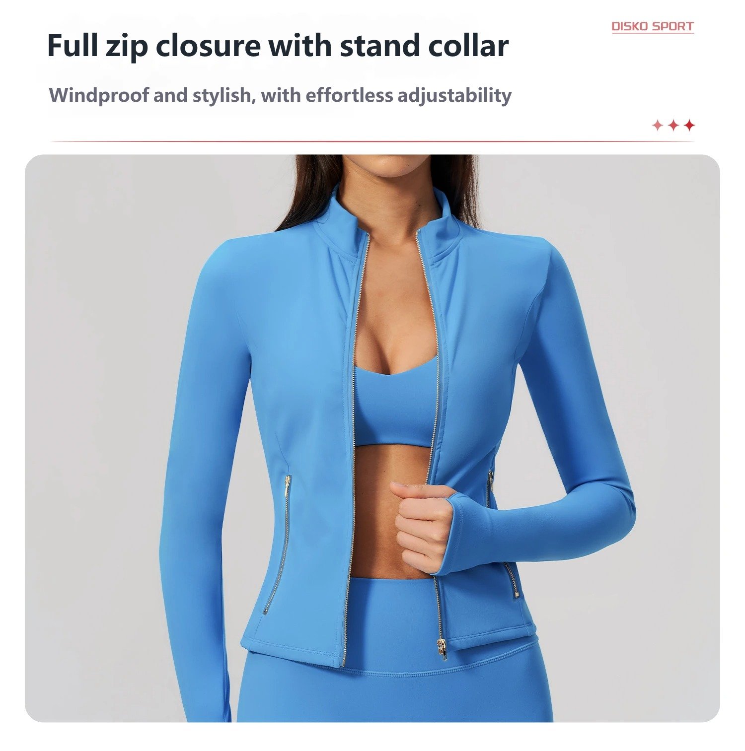 Open zip blue yoga jacket matching activewear set