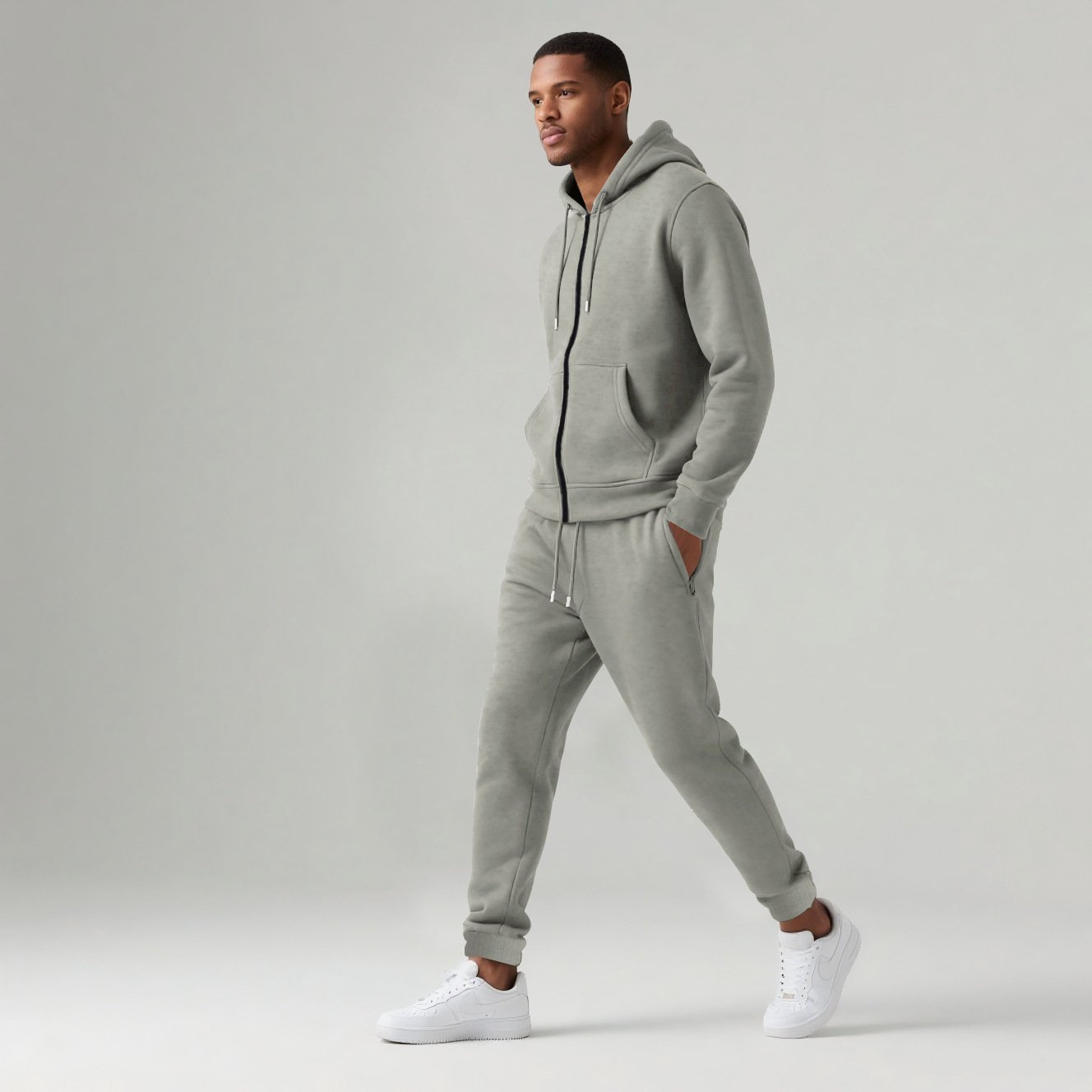 Zipper Hoodie Set Light gray men walking side view studio model