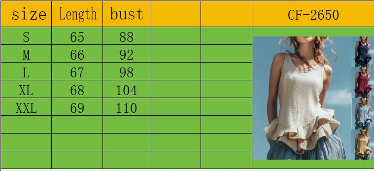 Asymmetrical Ruffle Hem Linen Tank Top S-XXL Bust Length Size Measurement Chart CF-2650 Official size spec chart for asymmetrical ruffle hem linen tank top, S/M/L/XL/XXL bust & length dimension data, seven color swatch reference for boho linen sleeveless cam