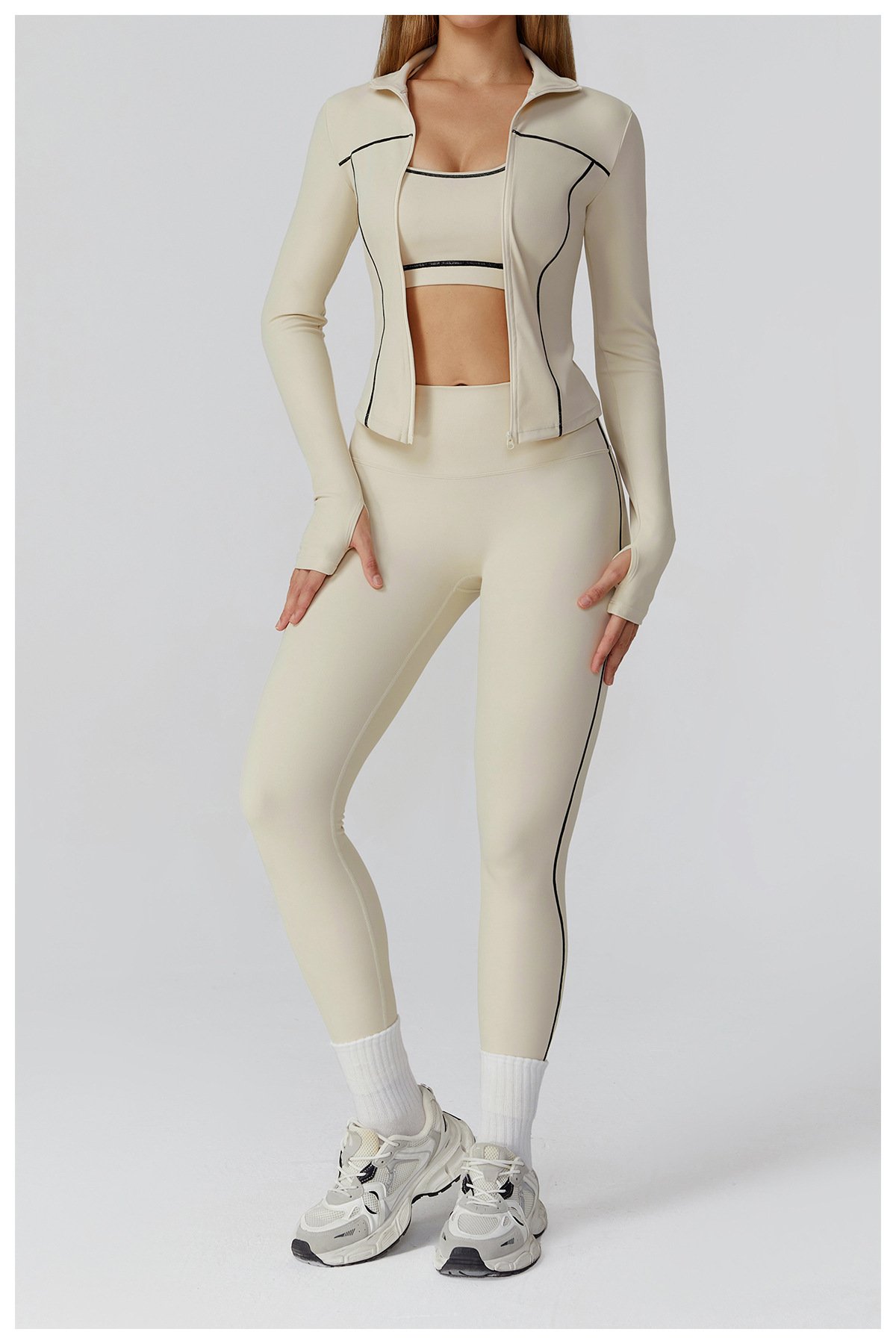 Beige yoga three piece set stretch pilates workout clothing