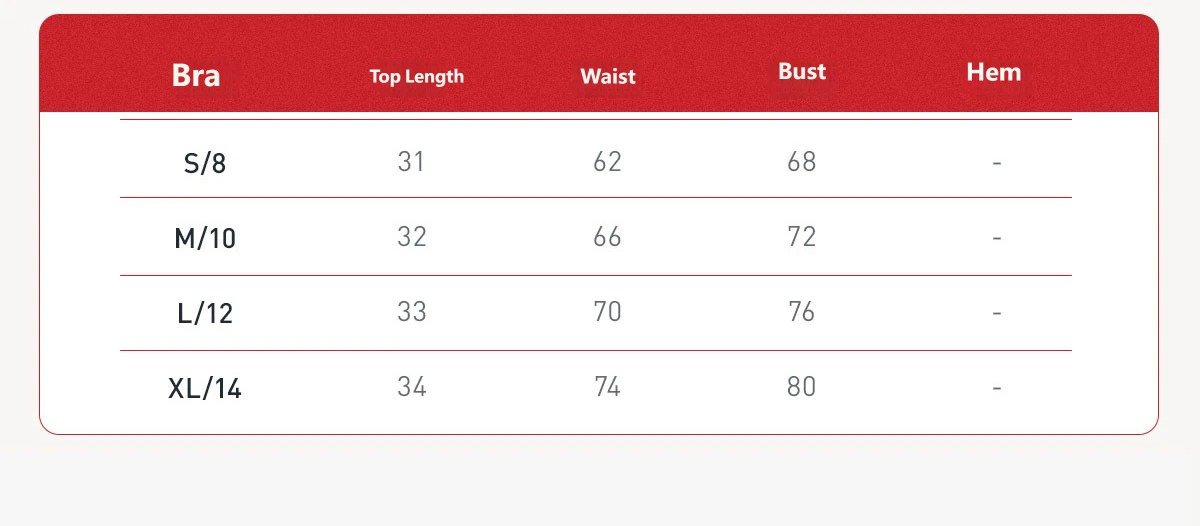Three piece sports vest size chart