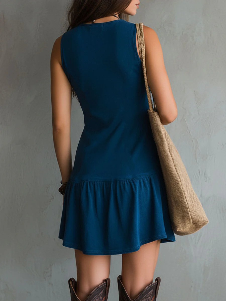Full rear view boho lace trim sleeveless mini dress, simple seamless plain back loose shift cut tiered ruffle mini hem lightweight knit western bohemian dress