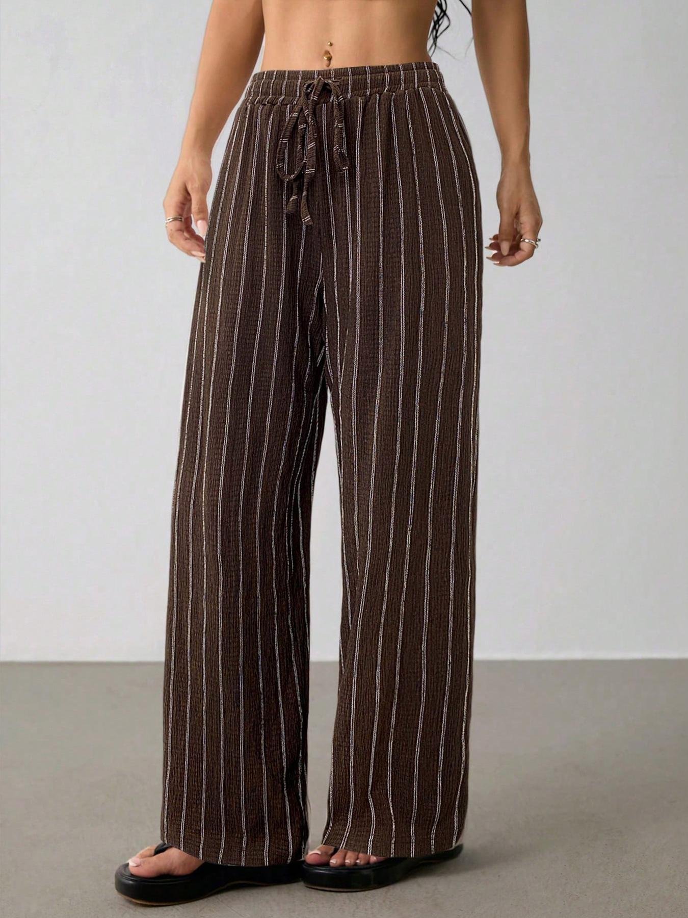 Dark Brown Pinstripe Crinkle Wide Leg Casual Pants Summer Soft Crinkle Woven Dark Brown Vertical White Striped Drawstring Elastic High Waist Loose Fit Trousers