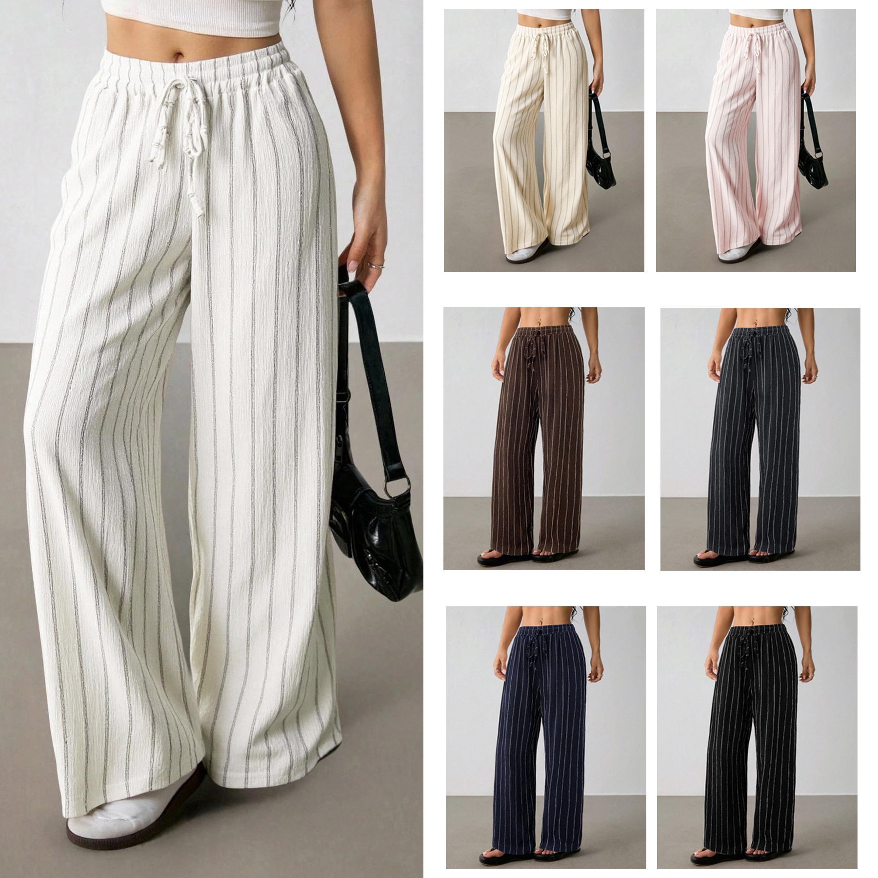 Casual Color Block Striped Wide Leg Pants, Loose Fit Drawstring Elastic Waist Multicolor Trousers