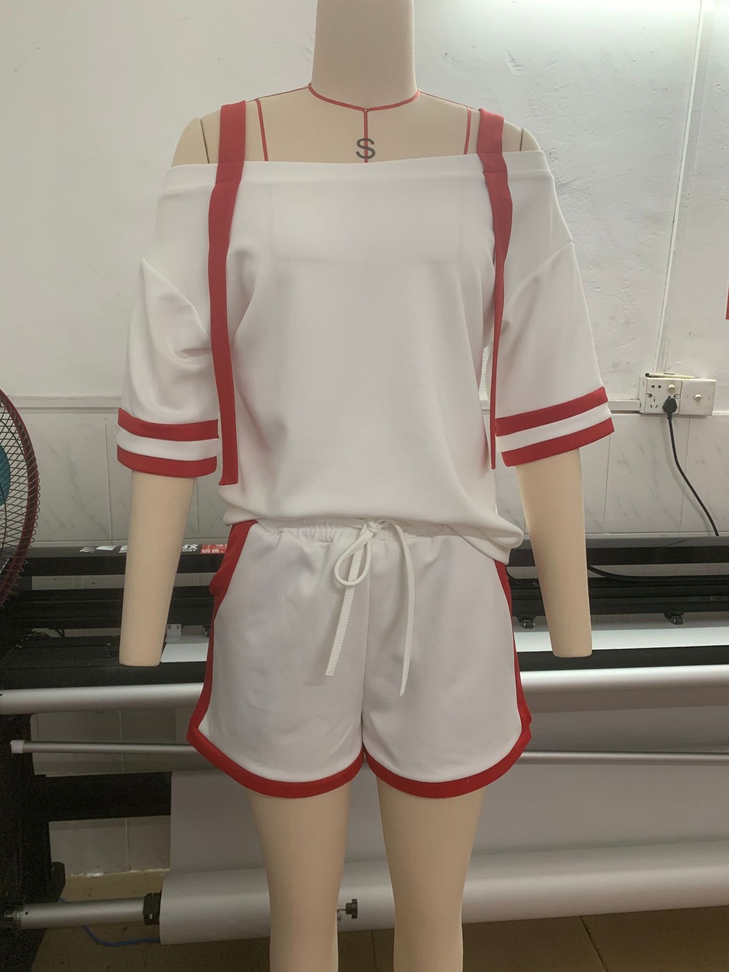 Cream white off shoulder color trim short tracksuit set, cold shoulder wide red straps contrast red piping cuffs & short hem drawstring side pocket loose summer loungewear