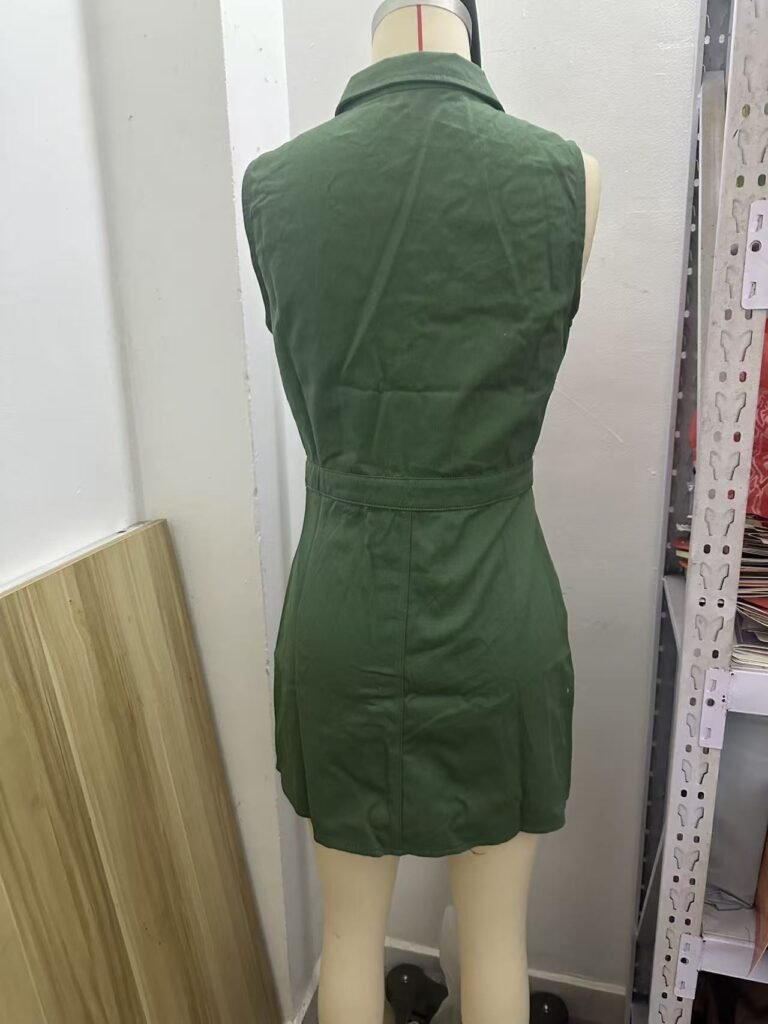 Green sleeveless denim mini dress mannequin full back photo, simple seamless back waist cinch twill denim casual short sundress