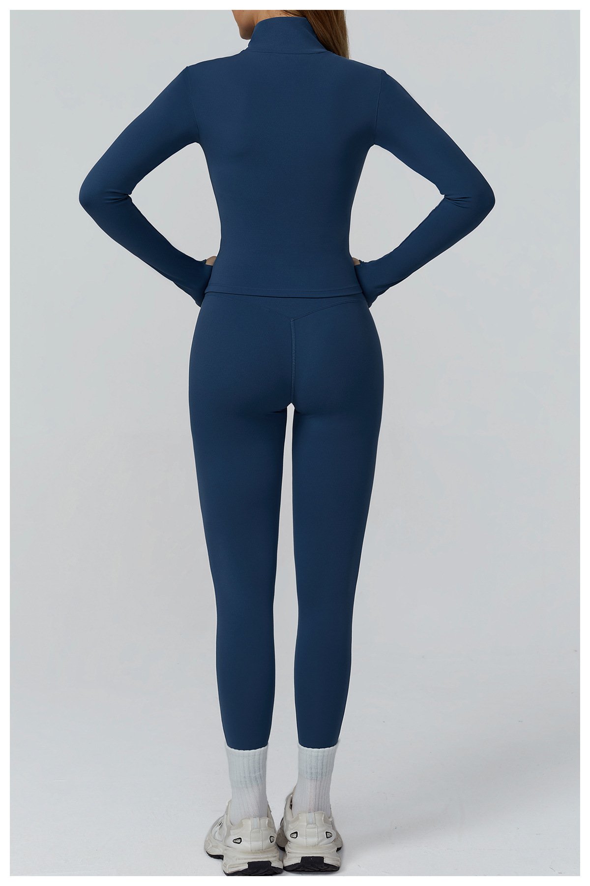 Blue back view women's yoga three piece set high waisted sports leggings