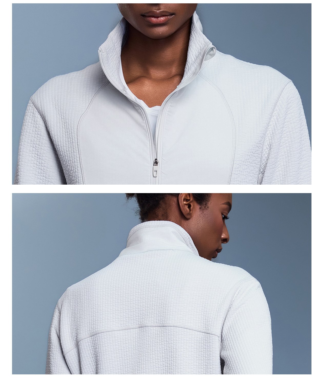 White zipper pioneer waffle zip jacket stand collar front & back closeup