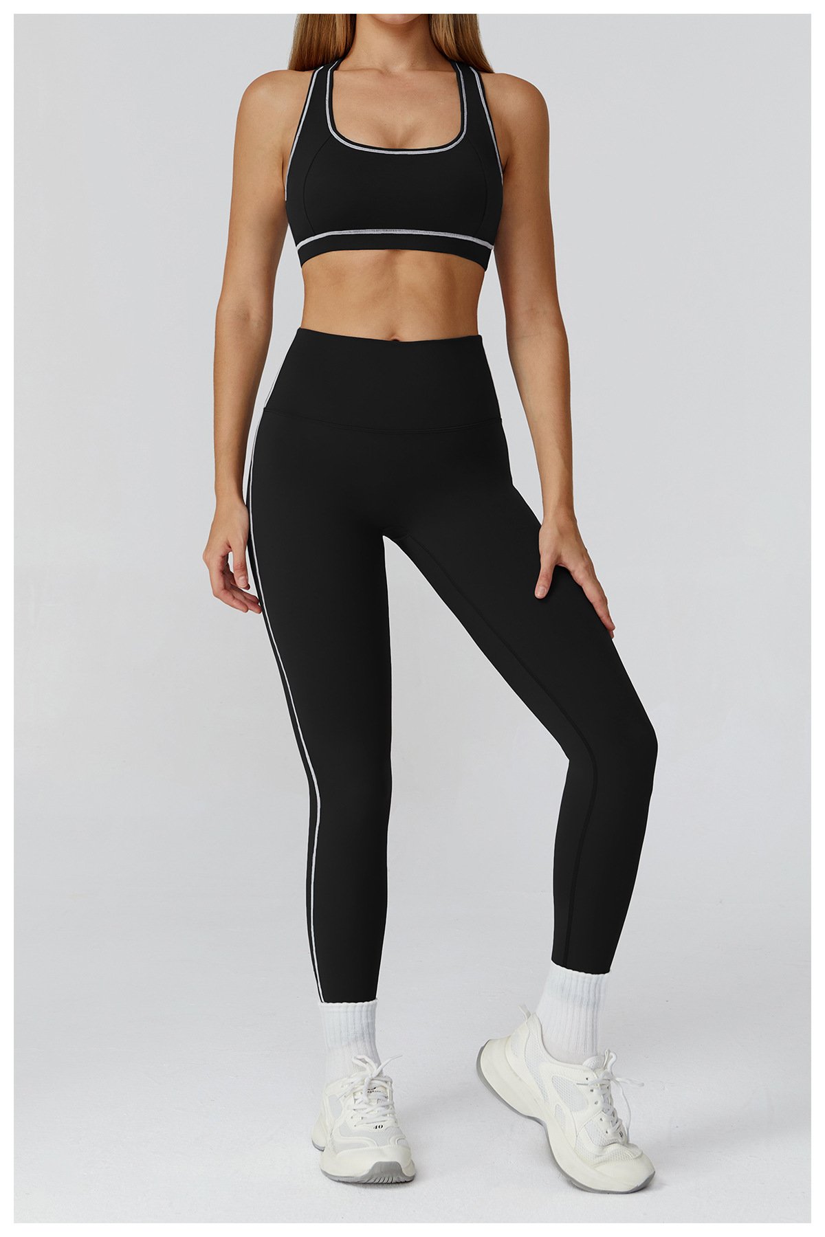 Black women's yoga three piece set high waisted sports leggings