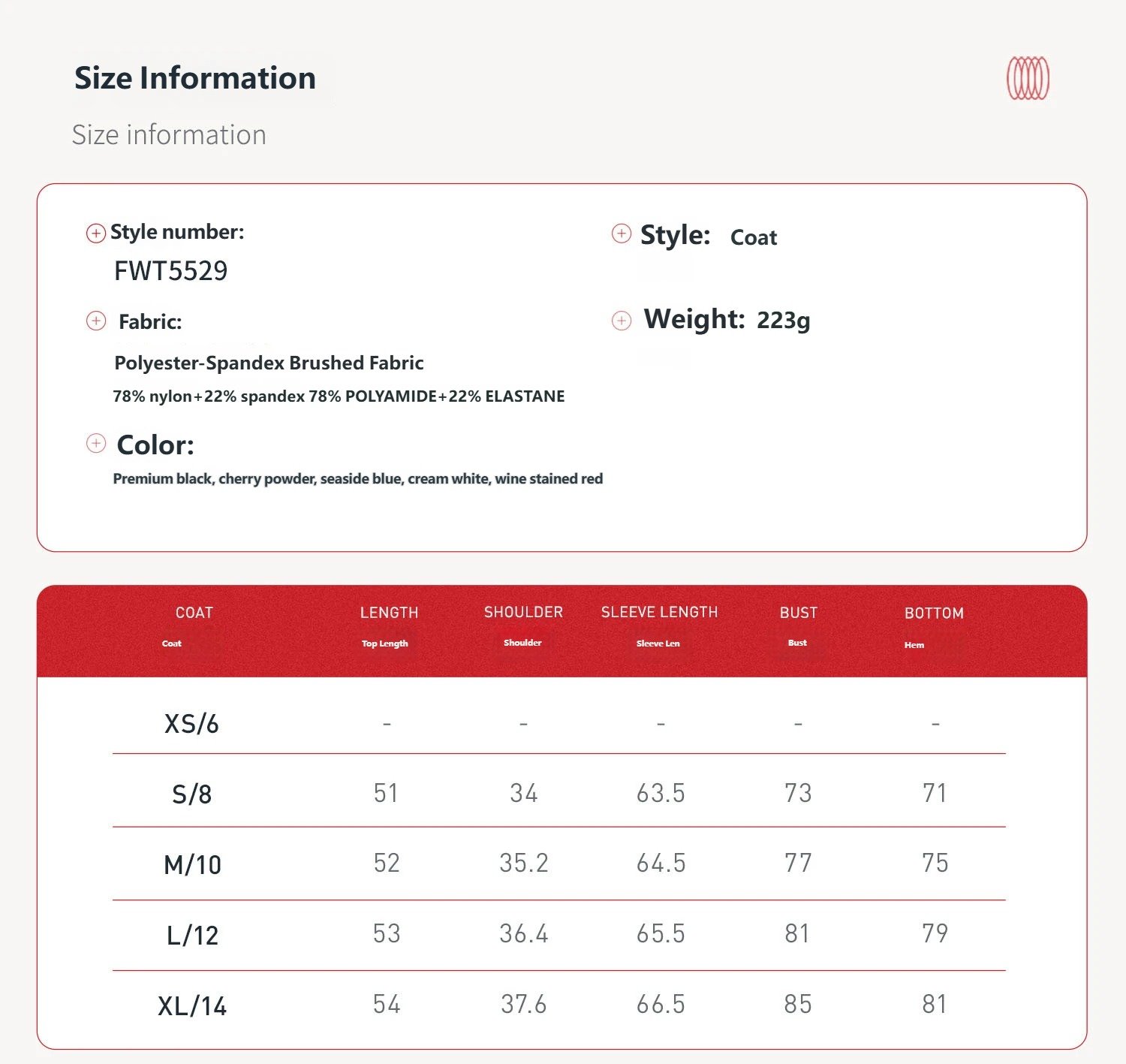 Brand yoga zipper top size chart