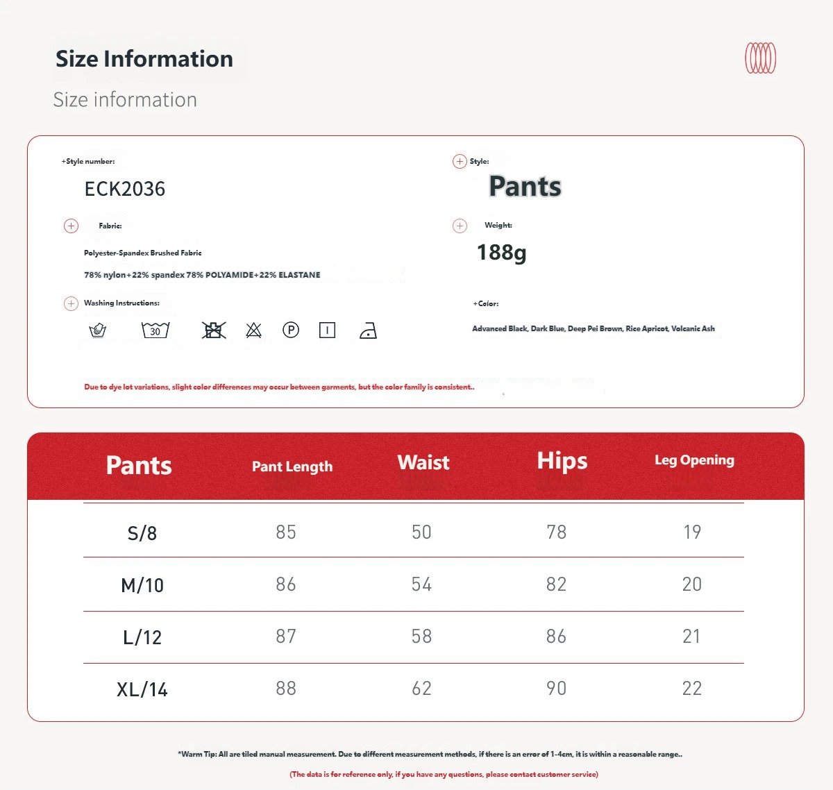 Yoga pants size chart