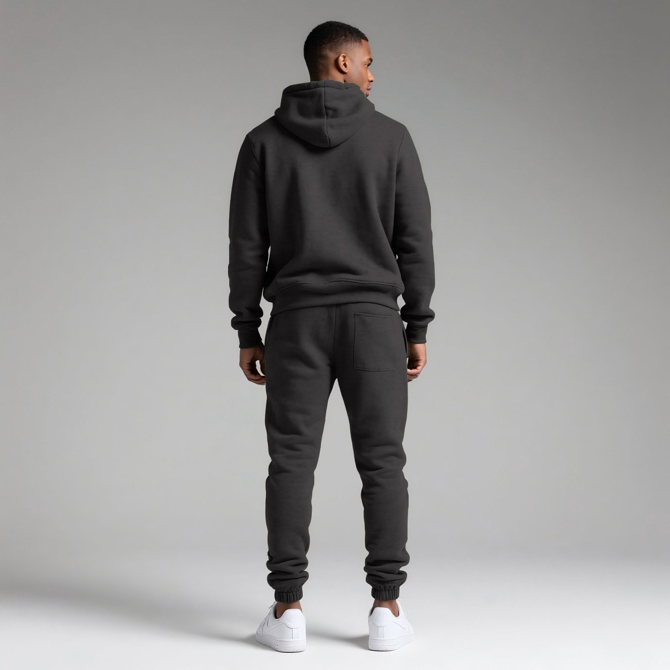 Zipper Hoodie Set dark gray men tracksuit back view full body model