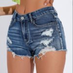 Dark Indigo High Waisted Frayed Ripped Denim Cutoff Shorts Green Tube Top Match Shot