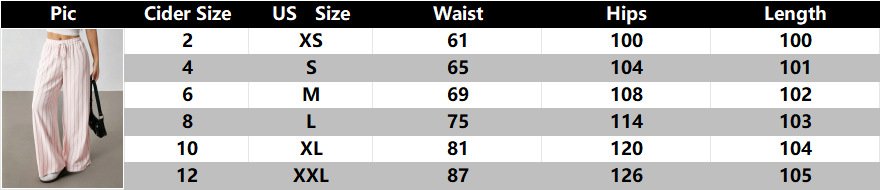 Women Casual Striped Wide Leg Trousers Size Measurement Chart US XS to XXL Women Vertical Striped Drawstring Wide Leg Pants Size Chart, Cider Size Convert to US XS S M L XL XXL, Waist Hips Length Measurement Data Table