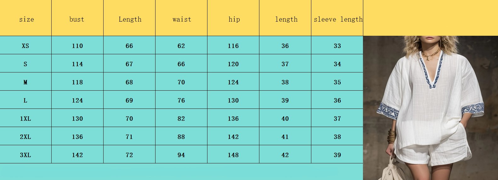 Official dimension size chart for boho embroidered v neck linen short set, XS/S/M/L/1XL/2XL/3XL bust, top length, waist, hip, short length, sleeve length measurement data linen two piece outfit size reference table