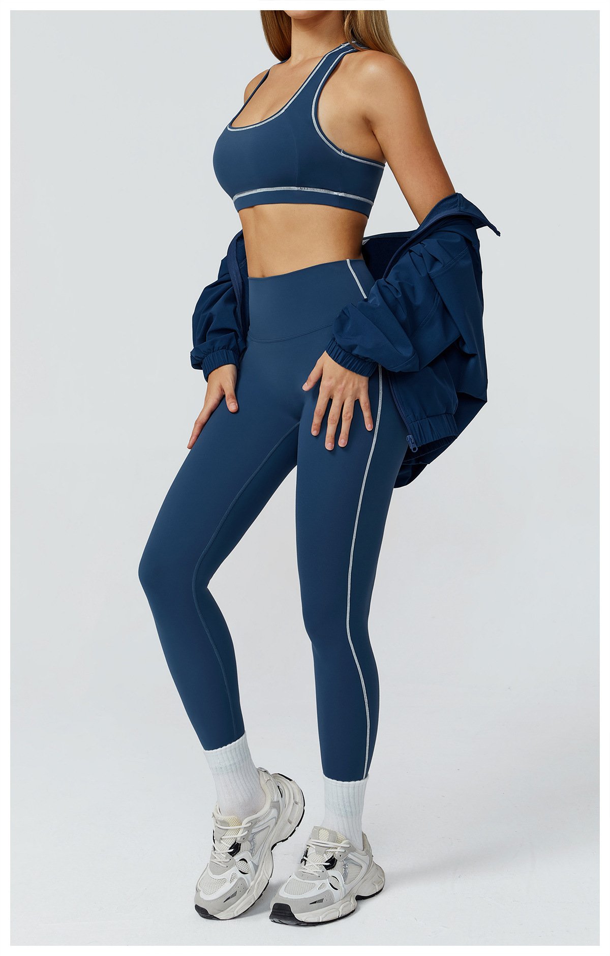 blue yoga three piece set stretch pilates workout clothing