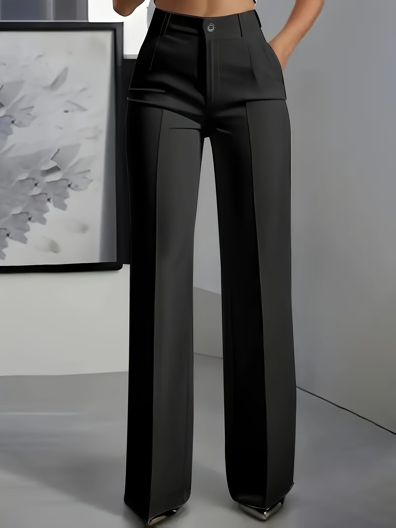  Classic black women work palazzo trousers, tailored high waist button fly, vertical center seam, loose wide leg cut minimalist gray indoor studio