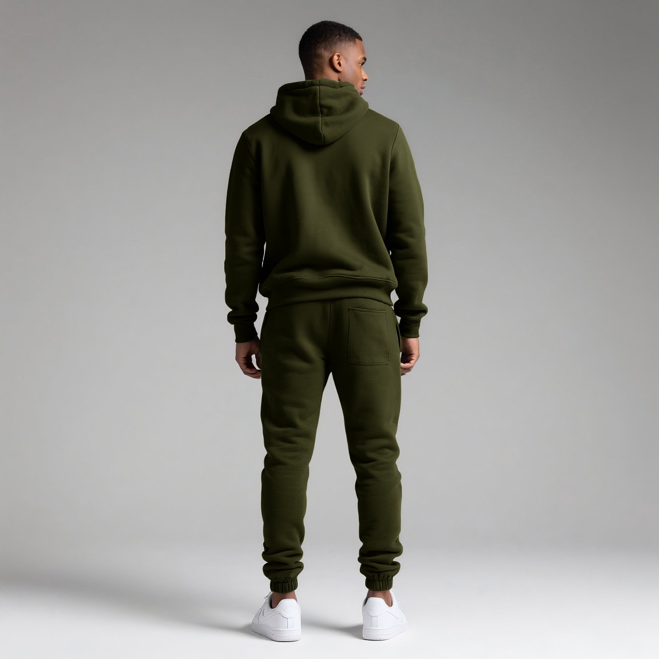 Zipper Hoodie Set olive green men tracksuit back view full body model