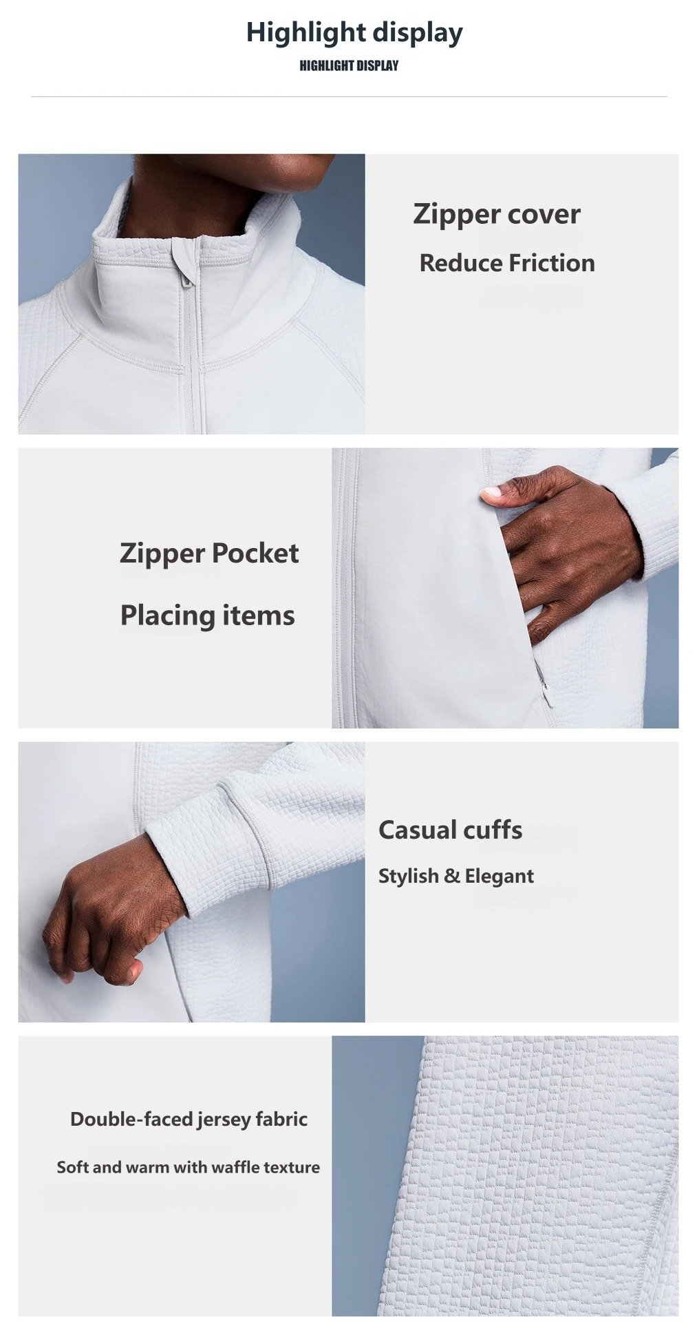 Zipper pioneer waffle zip jacket highlight display collar pocket cuff fabric
