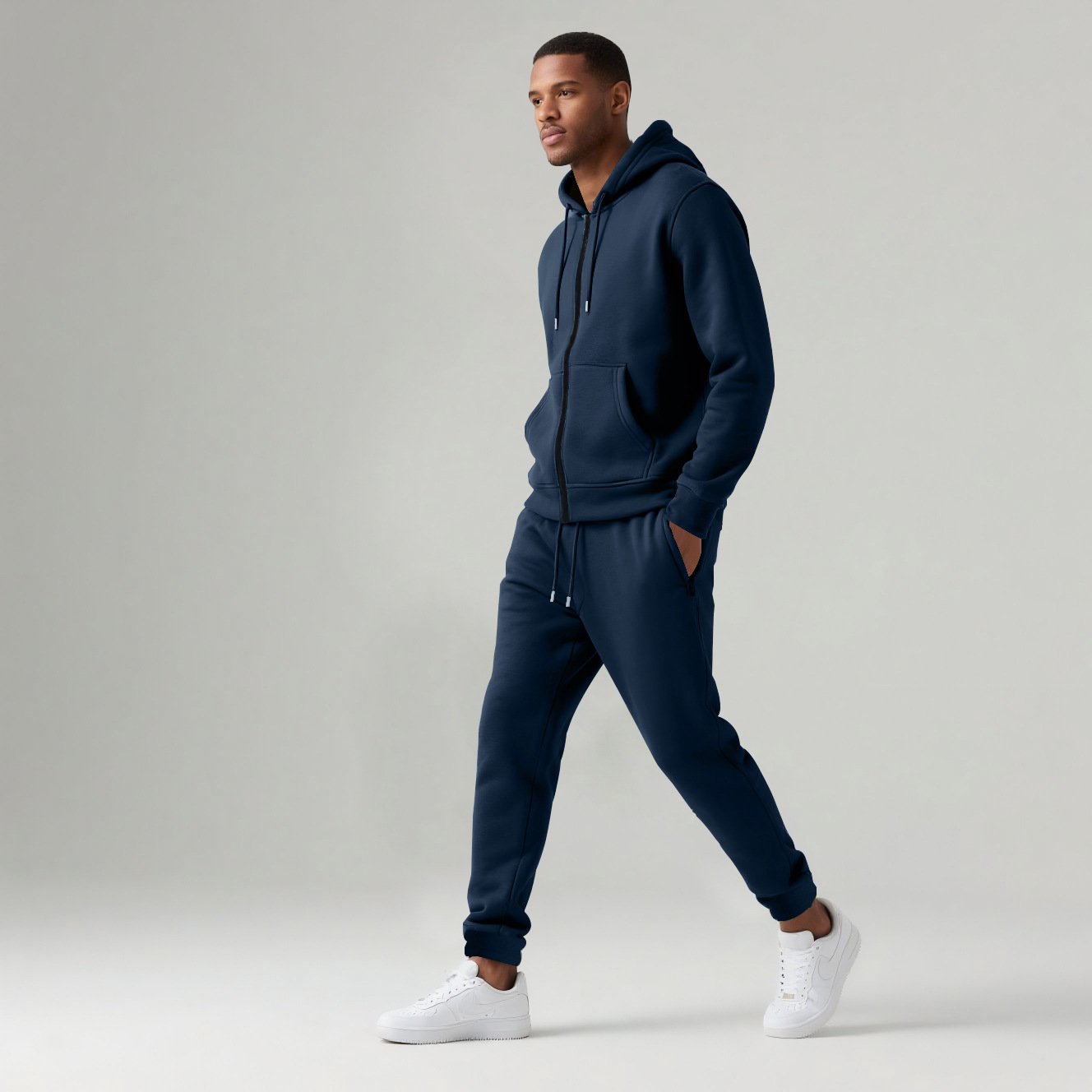 Zipper Hoodie Set navy blue men walking side view studio model