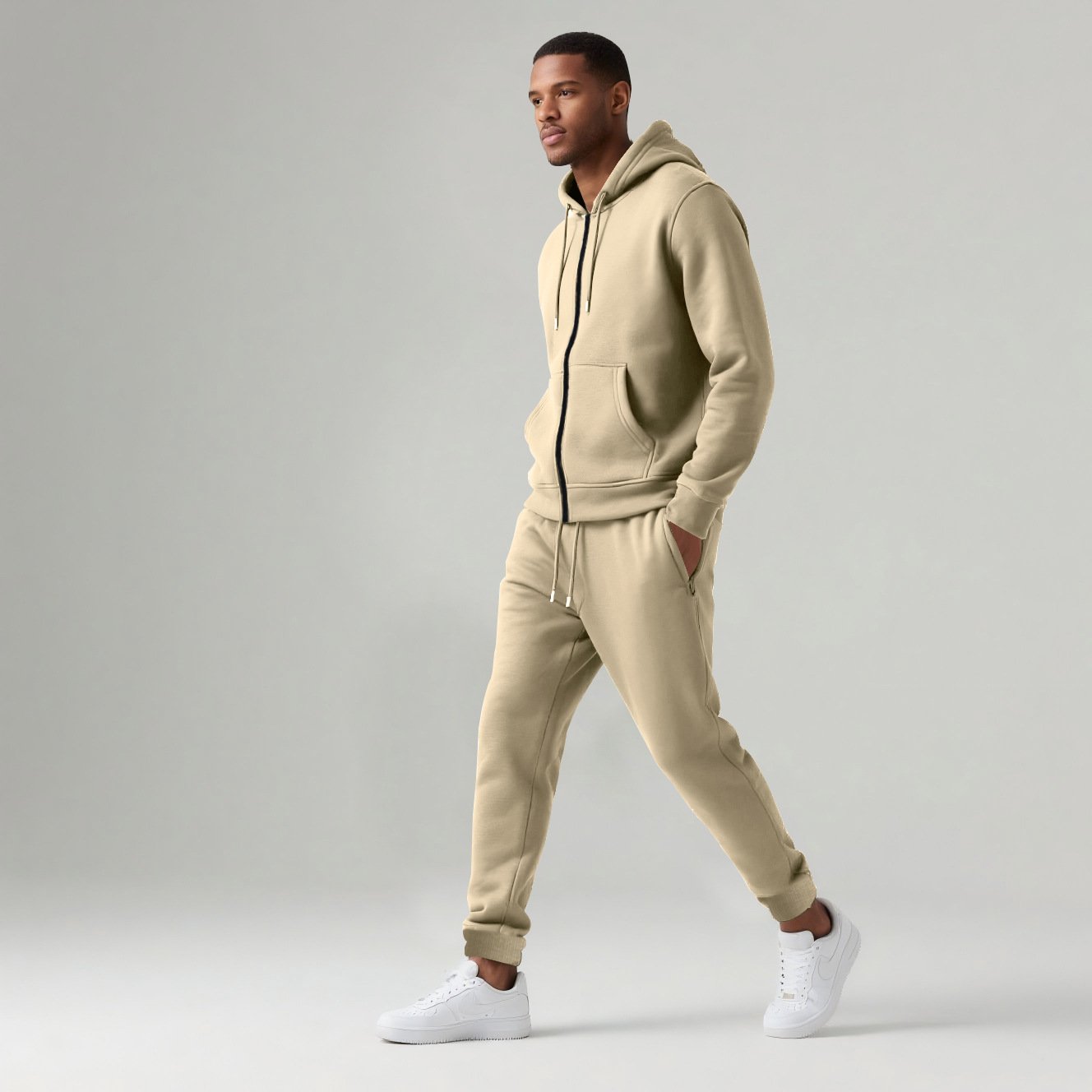 Zipper Hoodie Set Apricot men walking side view studio model