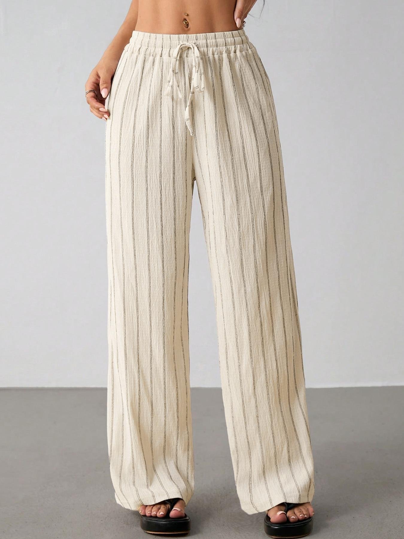 Off White Vertical Striped Elastic Waist Wide Leg Pants Breathable Crinkle Texture Off White Thin Vertical Striped Drawstring Wide Leg Lounge Daily Wear Pants
